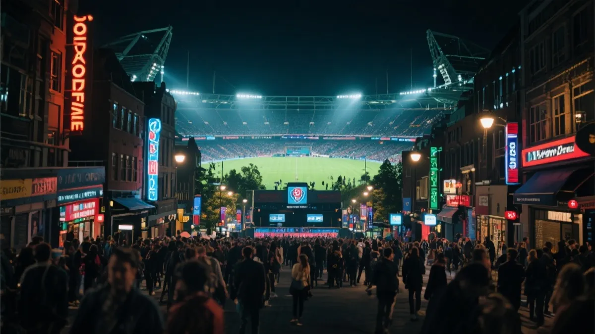 城市夜景与球场人流的文旅经济想象图