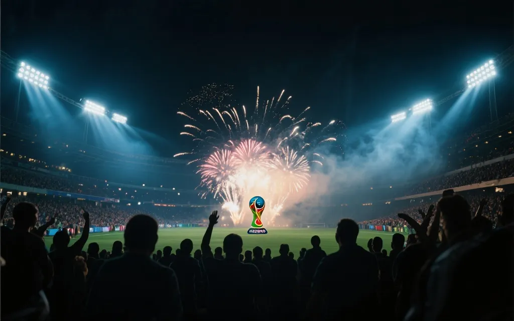 世界杯决赛夜的球场：灯光、烟火与看台剪影，电影质感